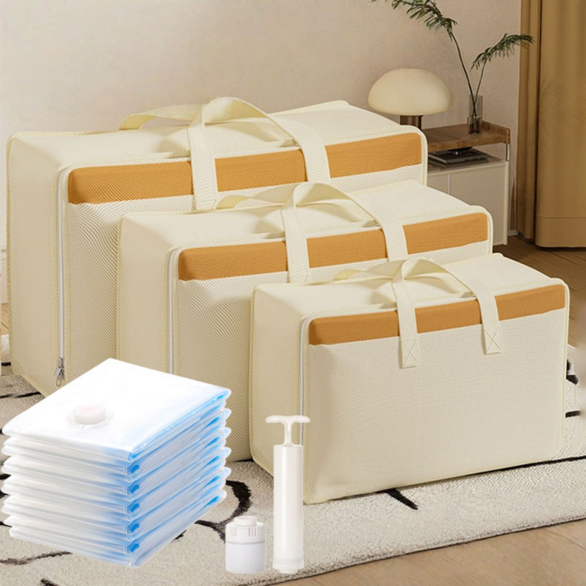 7pcs Moving Storage Kit: Includes 1 Oxford Fabric Bag, 5 Vacuum Compression Bags, And 1 Vacuum Pump, Ideal for Organizing Large Items Like Blankets And Comforters, with Sturdy Handles