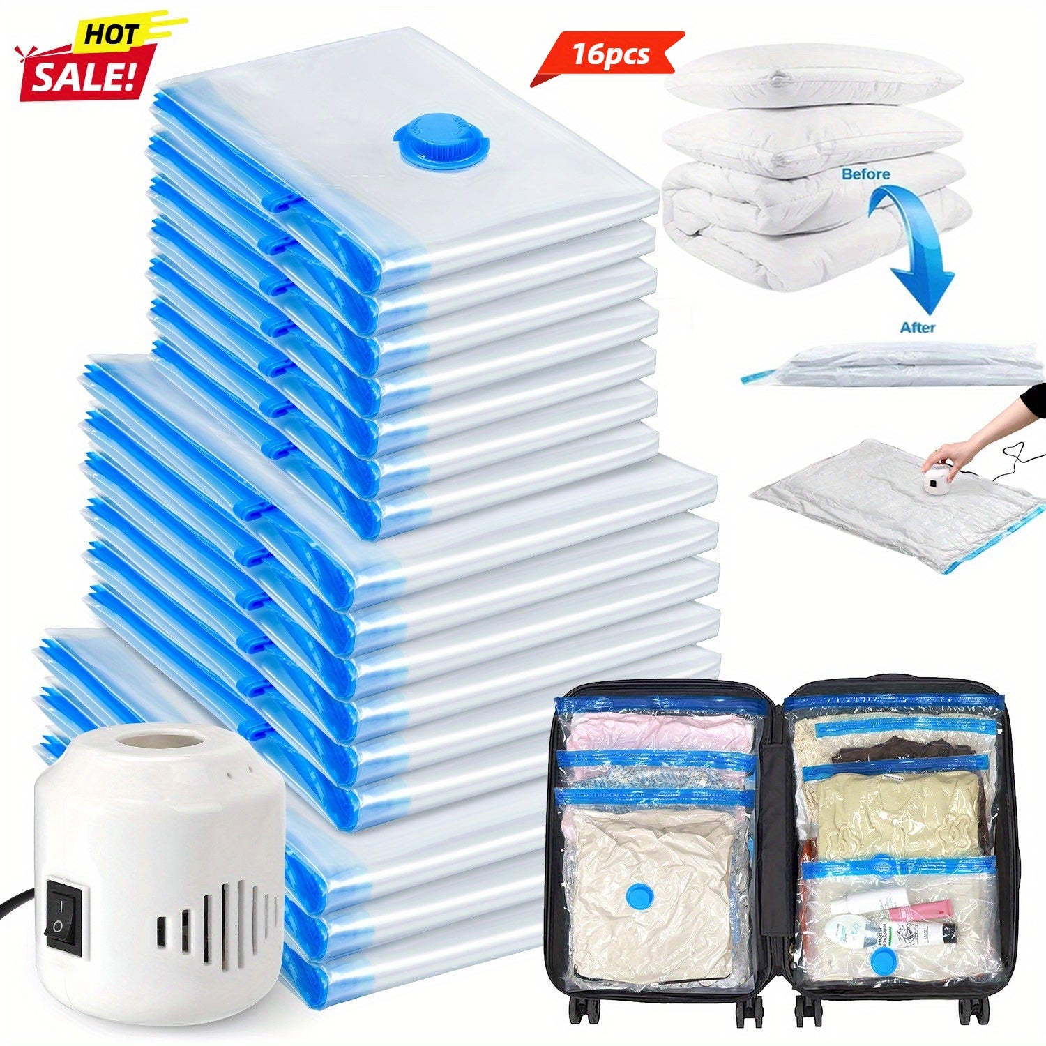 Vacuum Storage Bags 16pcs Vacuum Compression Bags with Electric Pump, (7 Small, 6 Medium, 3 Large)Vacuum Seal Storage Bags Space Saver Travel Size for Storage for Luggage, Vacuum Storage Bags for Clothes, Bedding, Pillows, Quilts, Blankets