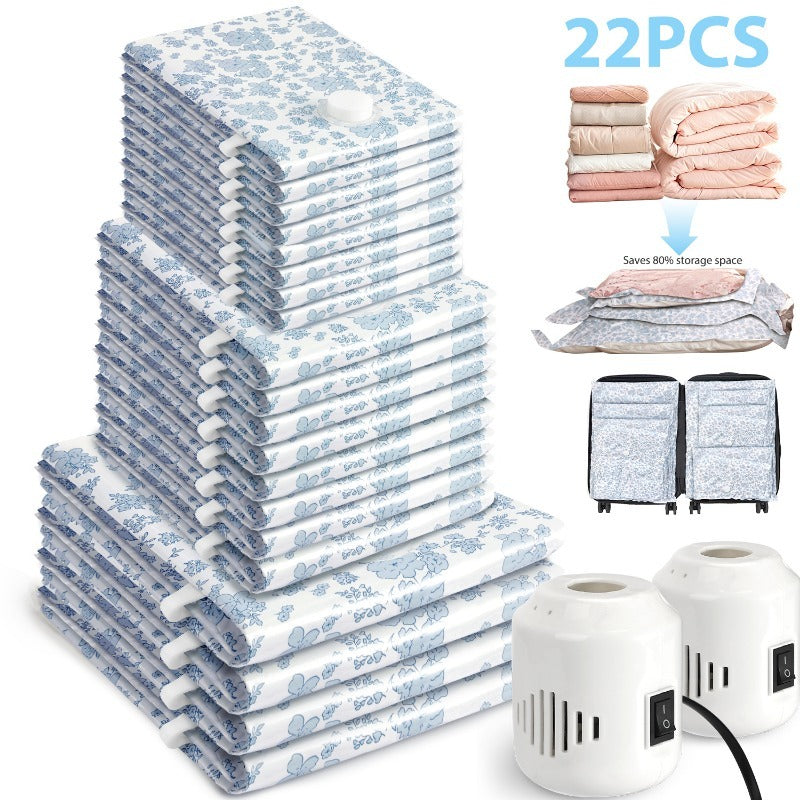 22pcs Vacuum Storage Bags with Electric Pump | Large Jumbo Vacuum Compression Storage Bags, Heavy-Duty, Multipurpose Use, Plastic Material, Space Saver for Luggage and Clothes