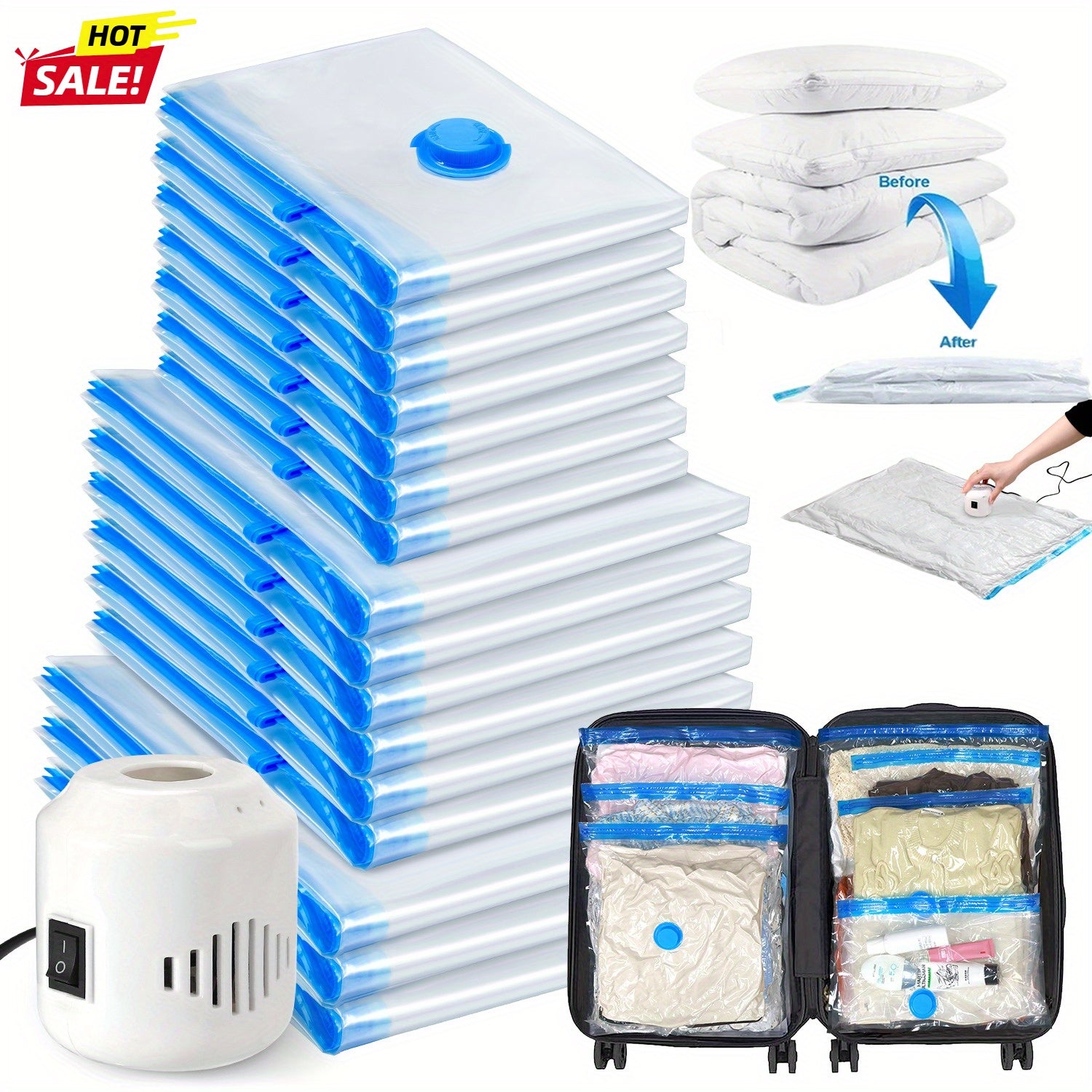 Vacuum Storage Bags 16pcs Vacuum Compression Bags with Electric Pump, (7 Small, 6 Medium, 3 Large)Vacuum Seal Storage Bags Space Saver Travel Size for Storage for Luggage, Vacuum Storage Bags for Clothes, Bedding, Pillows, Quilts, Blankets