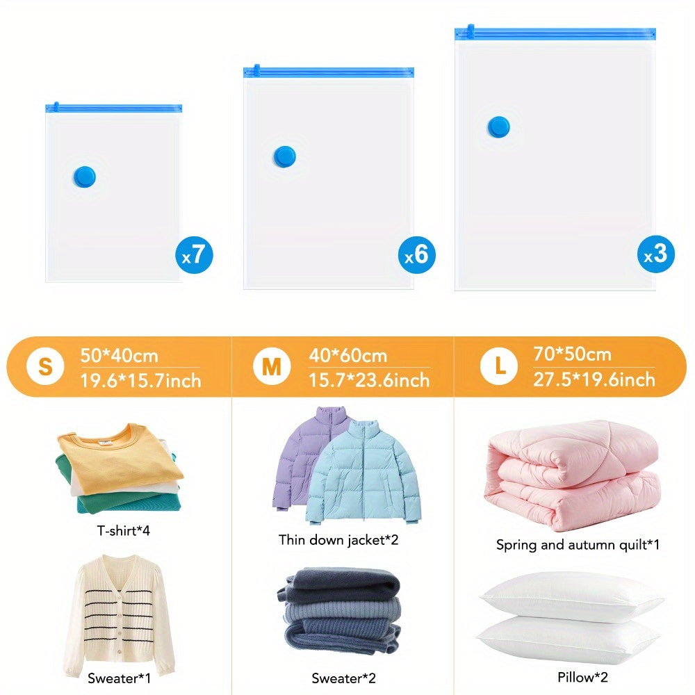 Vacuum Storage Bags 16pcs Vacuum Compression Bags with Electric Pump, (7 Small, 6 Medium, 3 Large)Vacuum Seal Storage Bags Space Saver Travel Size for Storage for Luggage, Vacuum Storage Bags for Clothes, Bedding, Pillows, Quilts, Blankets