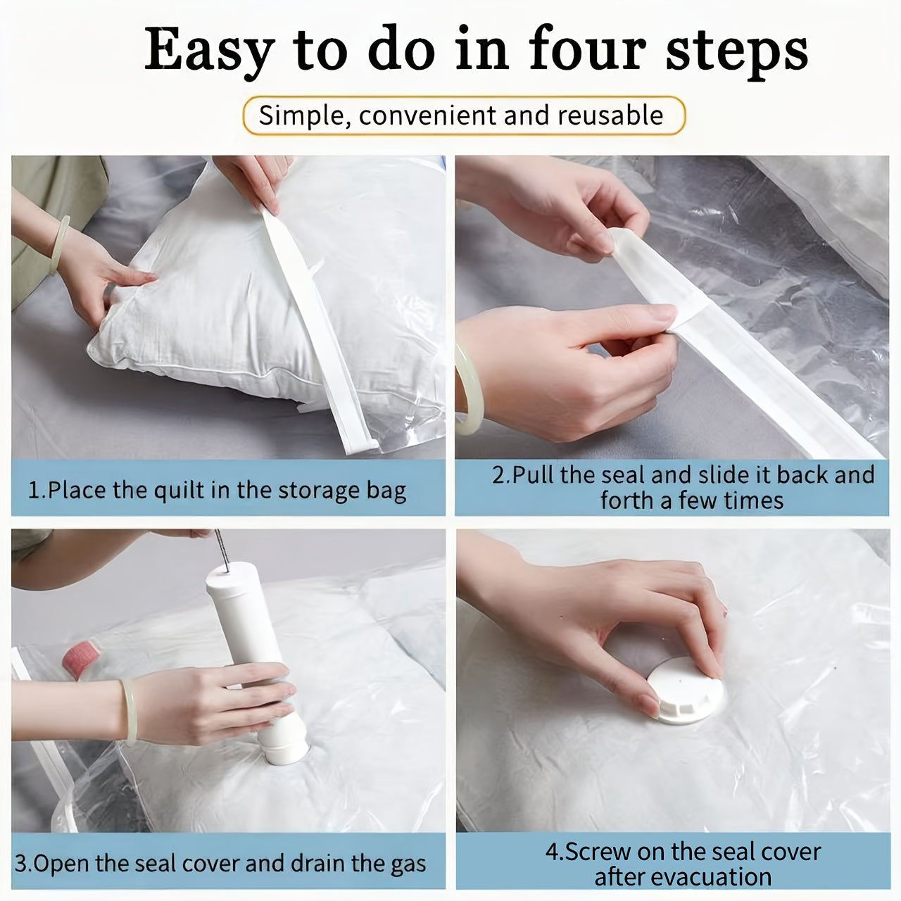 Set of 5 Large Vacuum Storage Bags with a Manual Pump - Protects Against Dust And Moisture, Features a Zipper Closure - Ideal for Clothing, Bedding, Dorm Rooms, And Moving, a Must-Have for Relocation. Zippered Storage Bag. Secure Closure