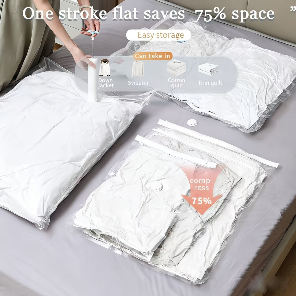 Set of 5 Large Vacuum Storage Bags with a Manual Pump - Protects Against Dust And Moisture, Features a Zipper Closure - Ideal for Clothing, Bedding, Dorm Rooms, And Moving, a Must-Have for Relocation. Zippered Storage Bag. Secure Closure